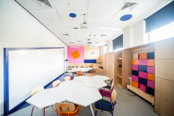 Klasa z kolorowymi krzesłami i stołami, sprzyjająca kreatywnej współpracy i twórczemu myśleniu uczniów.